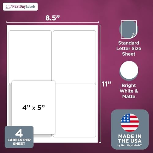 – 4” x 5” Rectangular Sticker Labels for 4 x 5" - 4 Per Page 250 Sheets