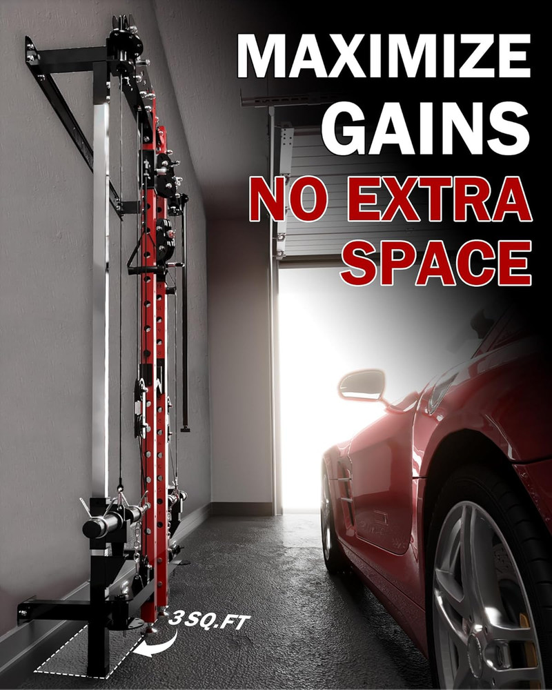 Mikolo Folding Squat Rack, Wall Mounted Power Rack with Cable Crossover Machine