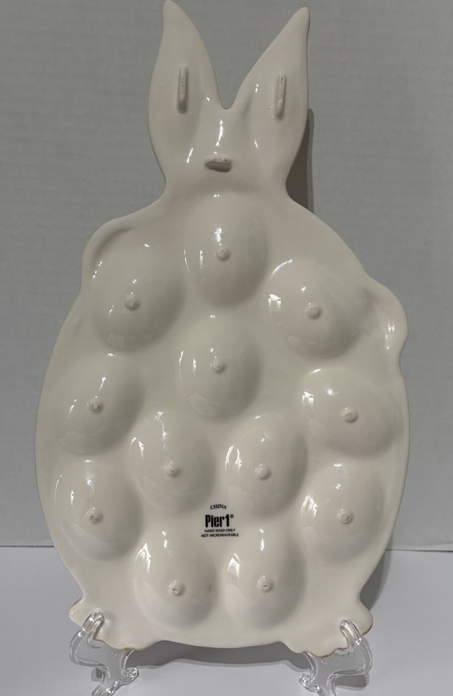 Pier 1 Imports Bunny Rabbit Easter Deviled Egg Serving Tray Platter White Brown