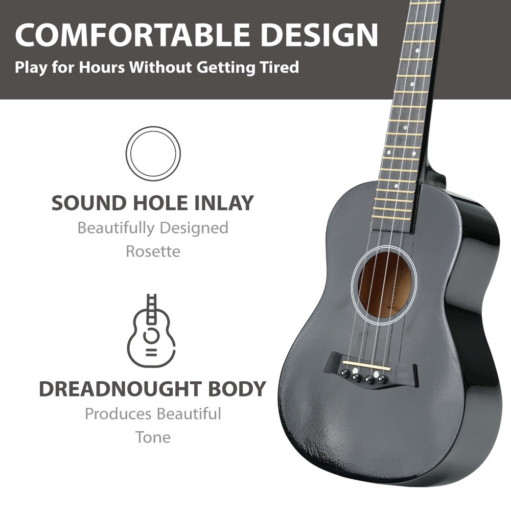 23" Concert Beginners Ukulele, Felt Pick & Spare Strings – Black