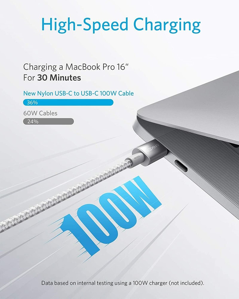 Anker Nylon USB C Cable 100W 10ft Fast Charge Date Sync for MAC/Galaxy S20/Pixel