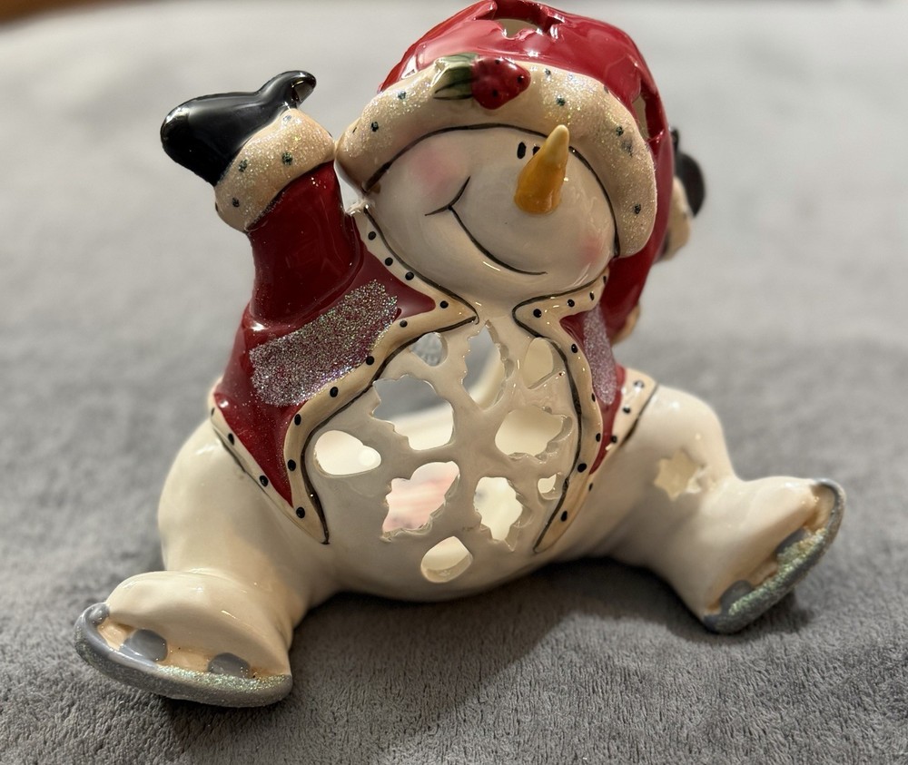 Blue Sky 2011 Ice Skating Snowman Tealight Holder Christmas Heather Goldminc