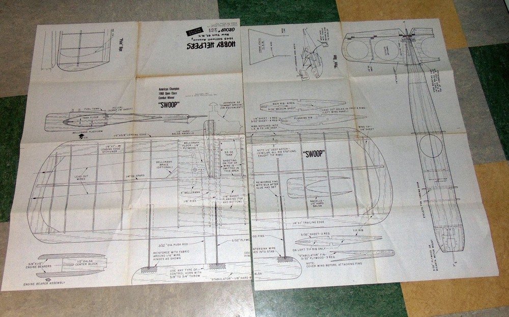 Hobby Helpers Model Airplane Plan Set #261, Pixie RC, Swoop CL Combat, Bearcat