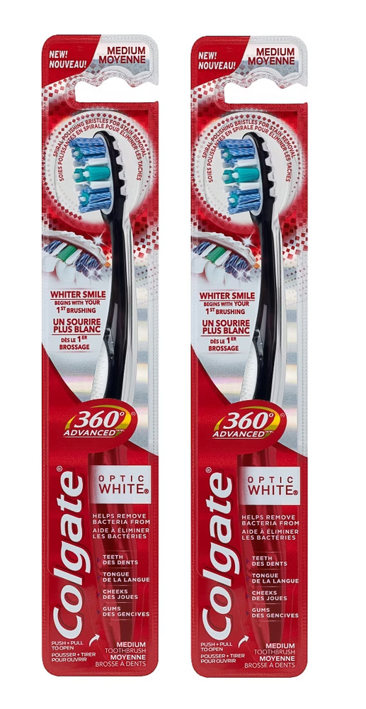 (2 Pack) Colgate Optic White 360 Toothbrushes Black ~ Medium *NEW*