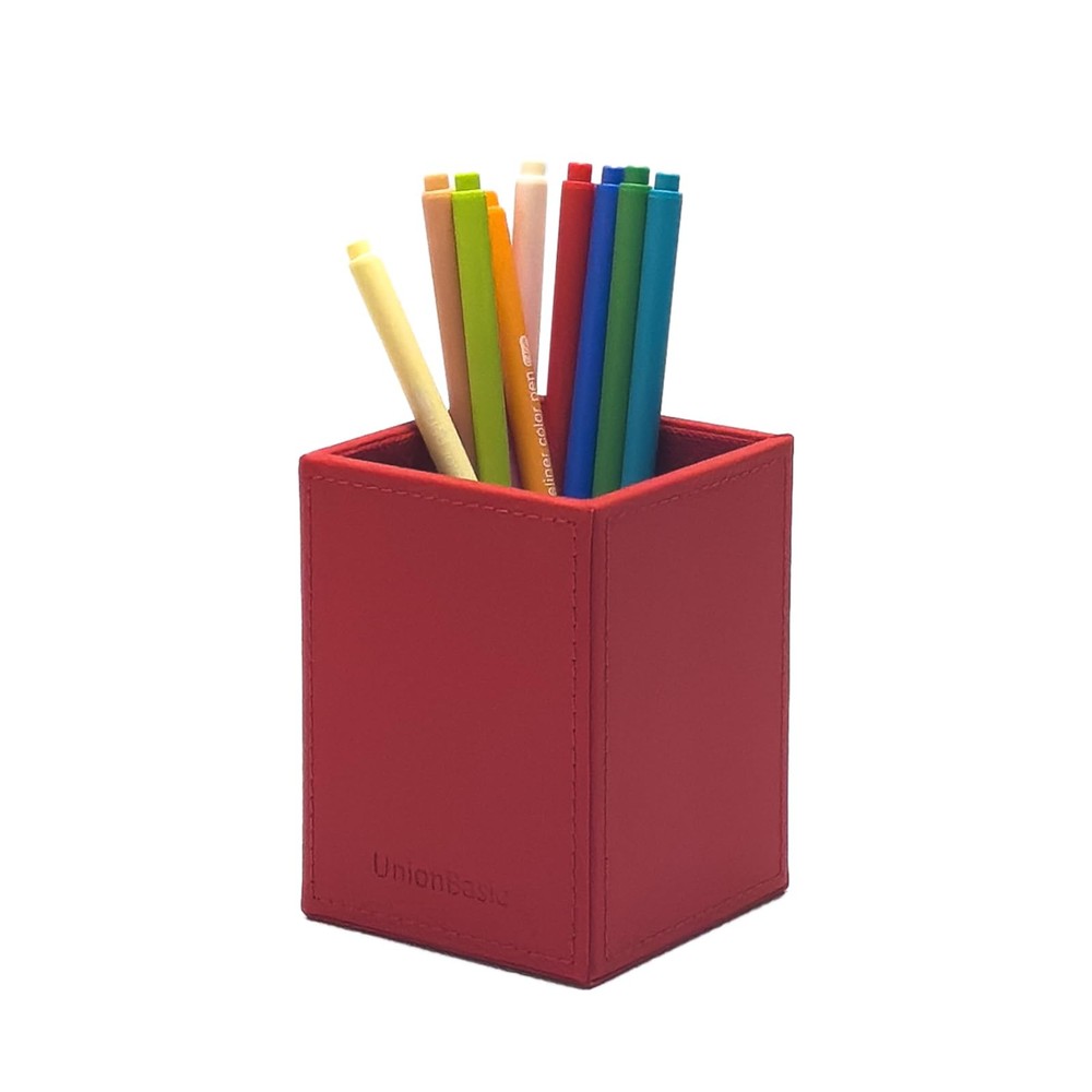 UnionBasic Square Pen Holder, Leather Pencil Cup, Desktop Caddy Red