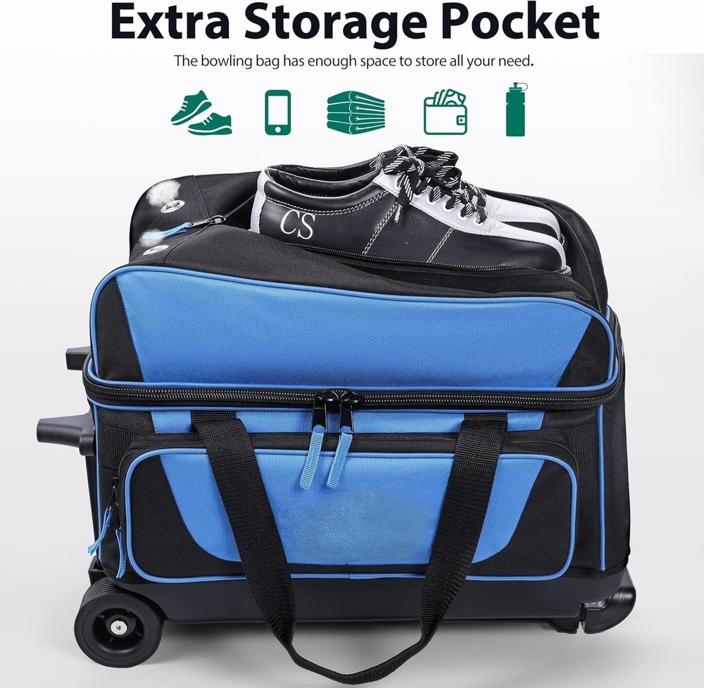 Double Roller Bowling Bag 2-Ball w/ Shoe Compartment & Retractable Handle