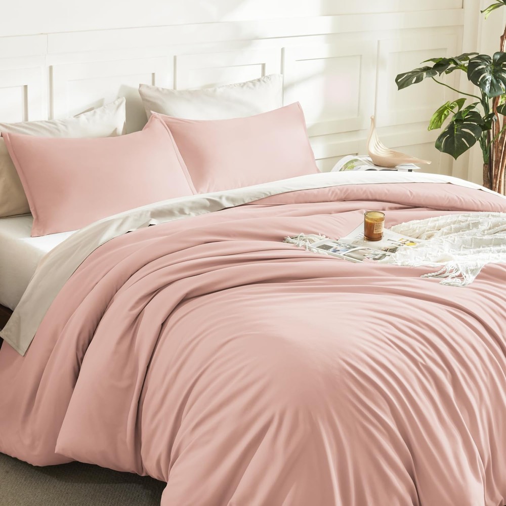 Pink Queen Size Comforter Set, 3 Pieces Blush Plain Bedding Comforter Set, Al...