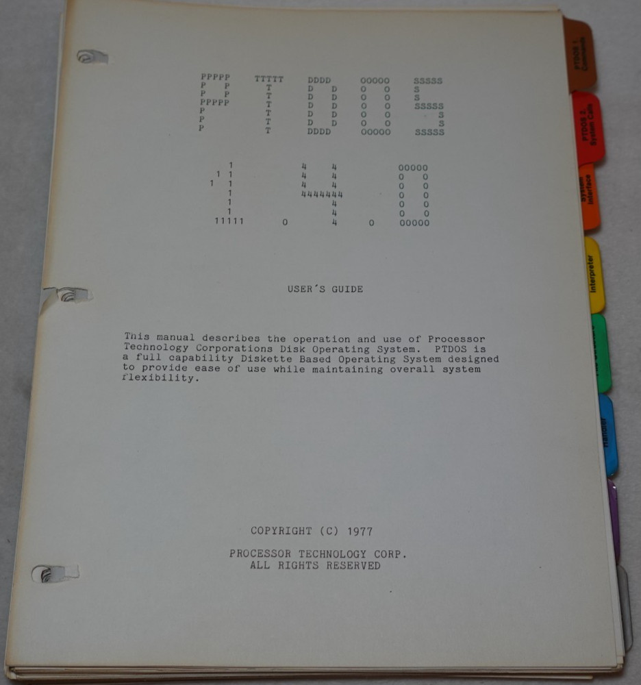 PTDOS 1.4 Processor Technology Disk Operating System 1977 Original User's Guide