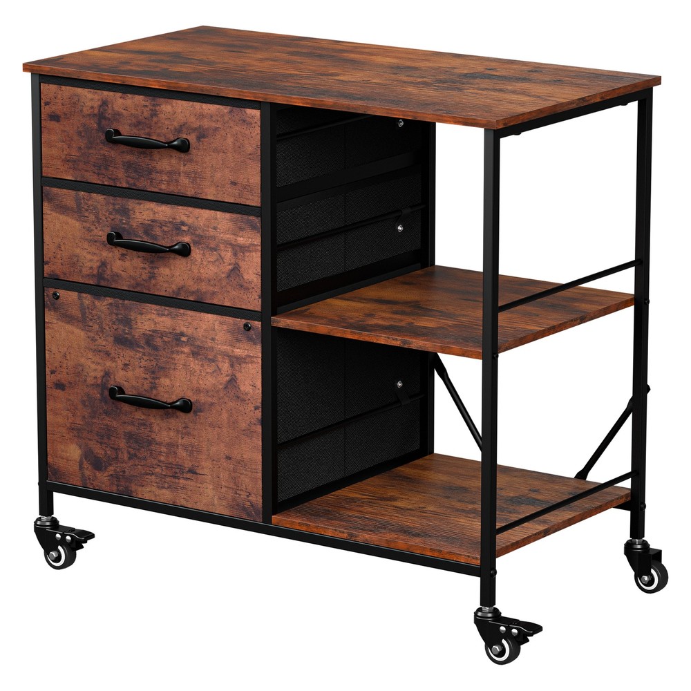 Mobile File Cabinet w/ 3 Drawers & Open Shelf Rolling Printer Stand Rustic Brown