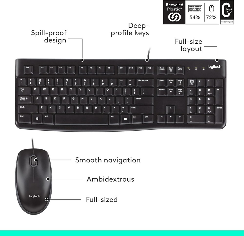 NEW Logitech MK120 Black Wired Full Keyboard Corded Optical Mouse Combo