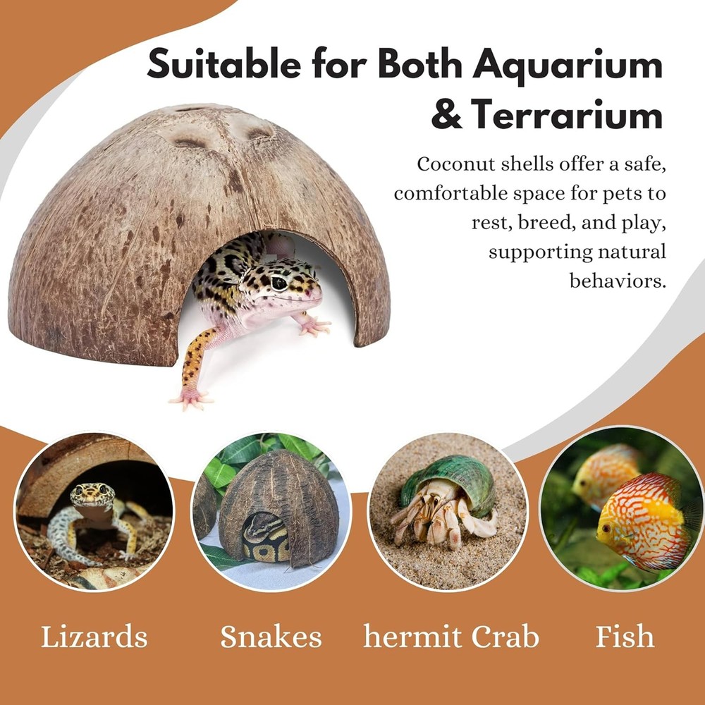 Natural Coconut Shell Hideout Cave, 5" Aquarium Polished (Smooth Surface)