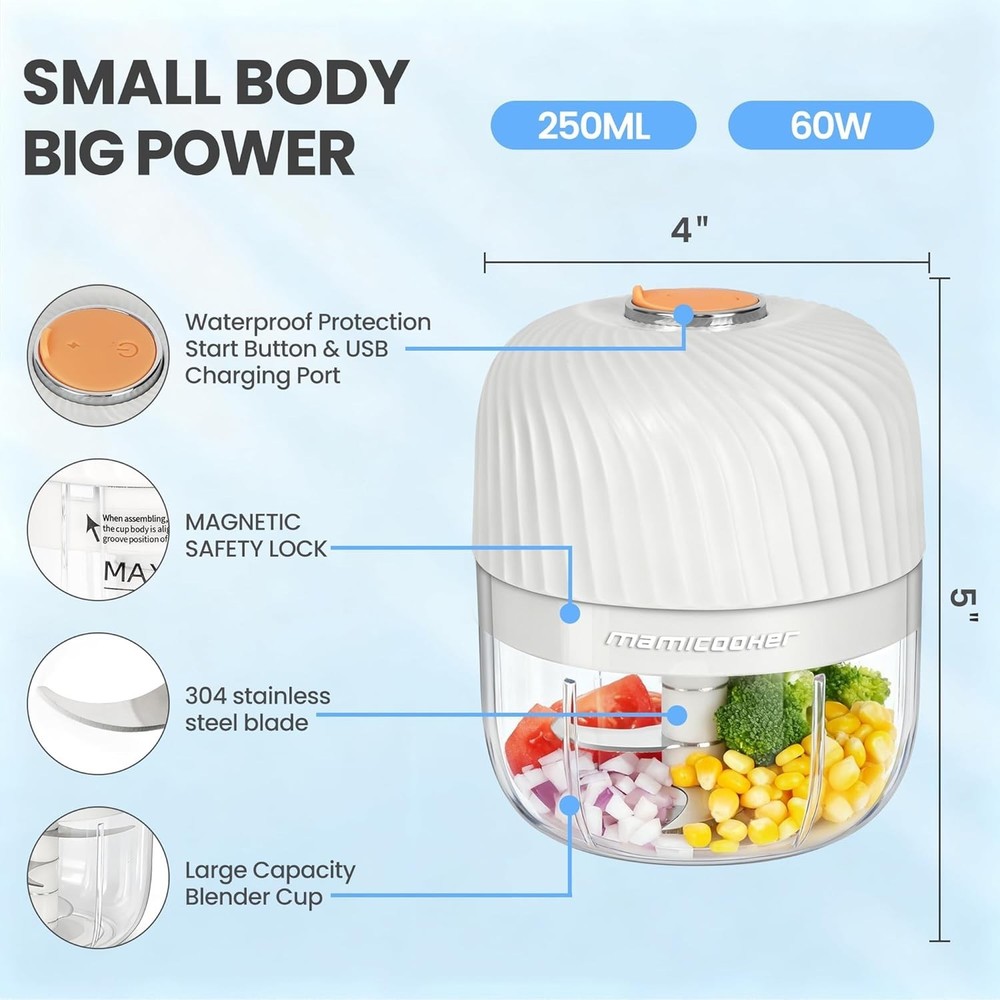250ML Electric Garlic Chopper – Cordless Mini Veggie Processor with Safety Lock