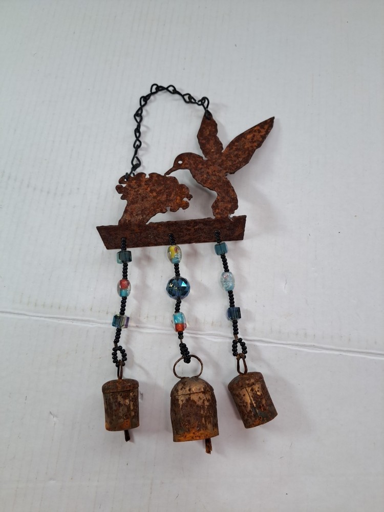 Rustic Hummingbird & Bell Wind Chime With Beaded Accents