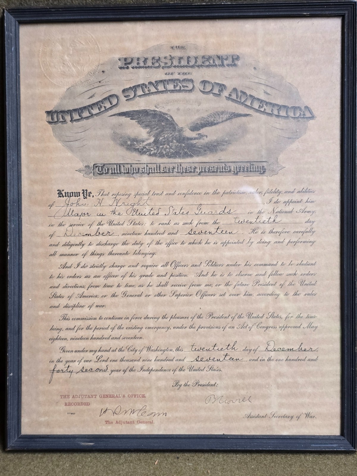 WWI Post WWI Advancement Certificates Named to John H. Wright