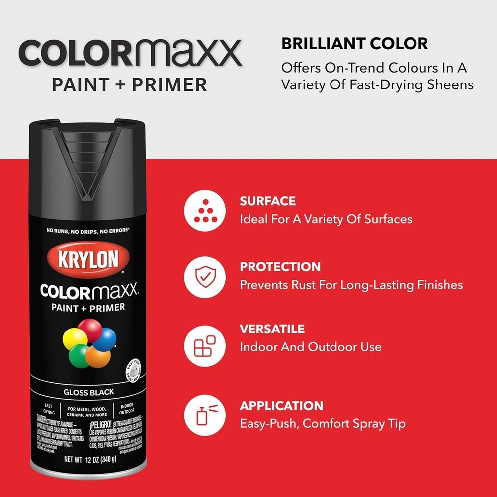 Versatile Rust Resistant Gloss Black Spray Paint - 12 Oz for Multiple Surfaces