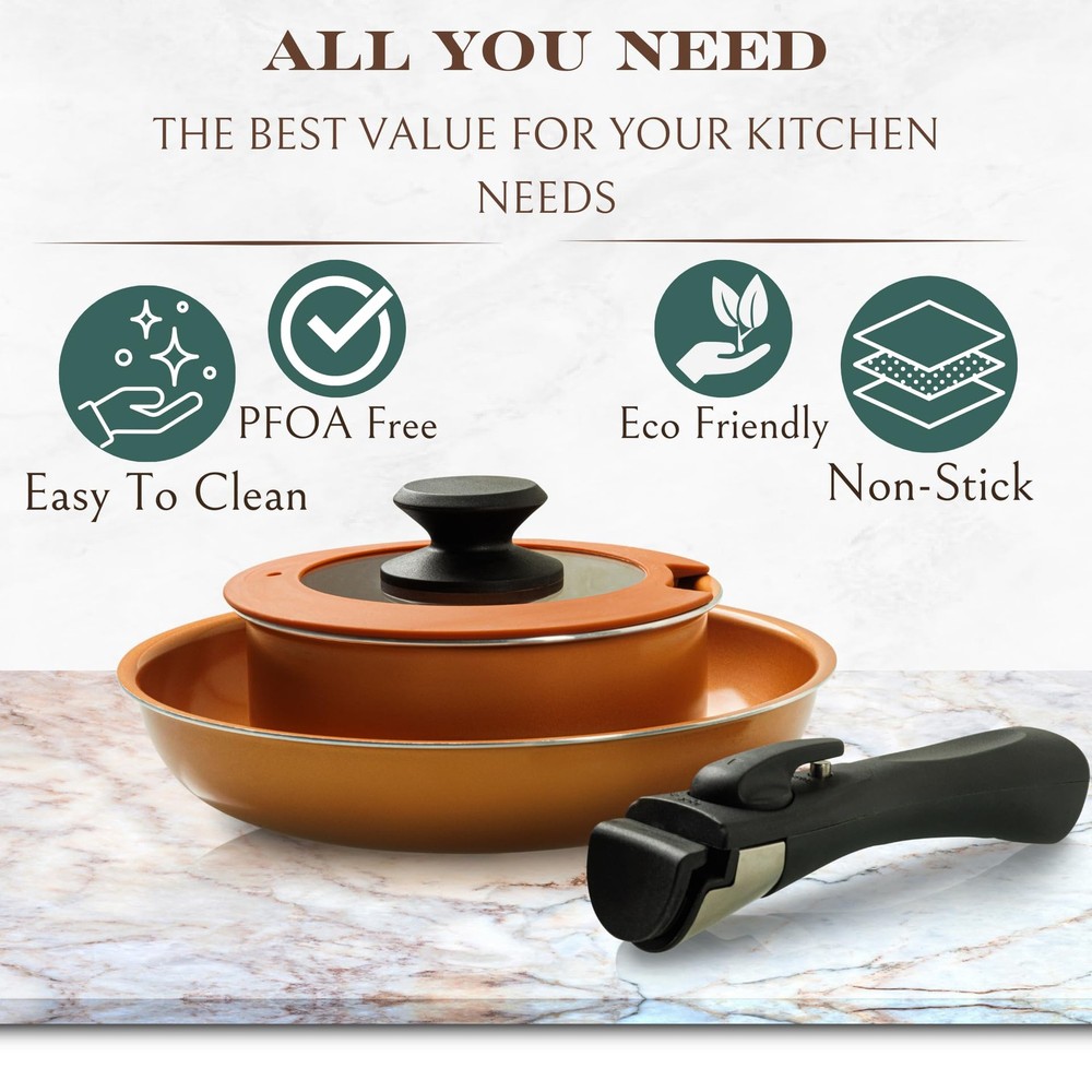 Nonstick cookware set stackable pots pans removable handle camping kitchen se...