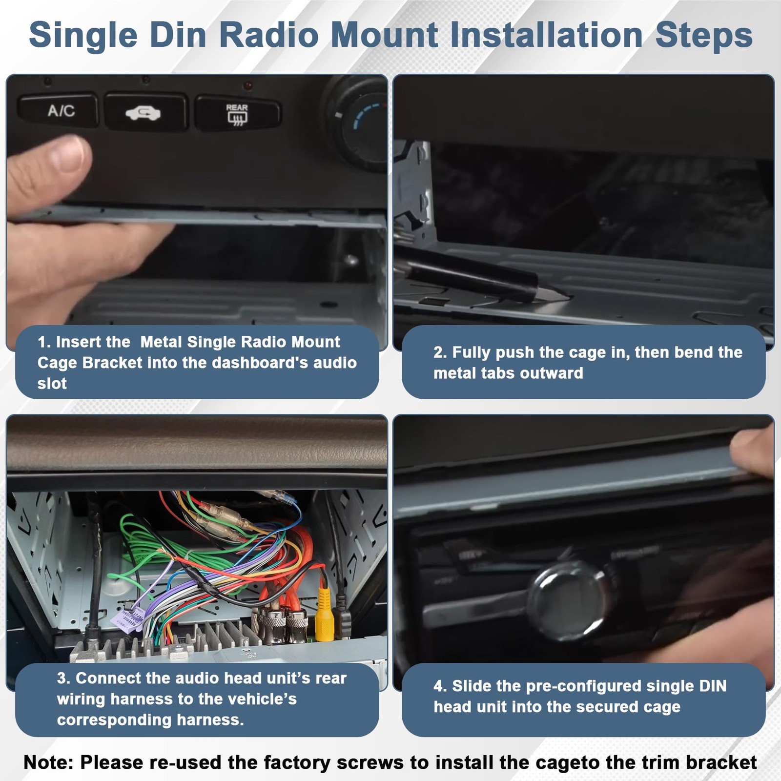 Universal Single Din Stereo Radio Replacement Fitting Cage Kit Silver