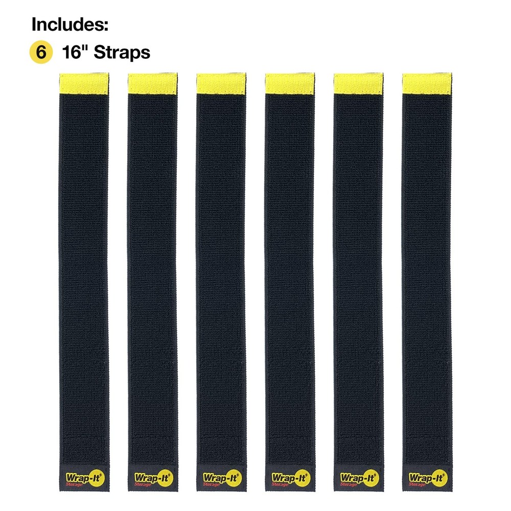 Wrap-It Storage Selfie Straps 16in 6-Pack Black Reusable Hook Loop Cable Ties