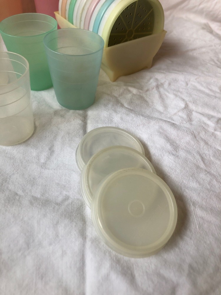 Vintage Pastel Coasters Cups Midgets Lids Tupperware