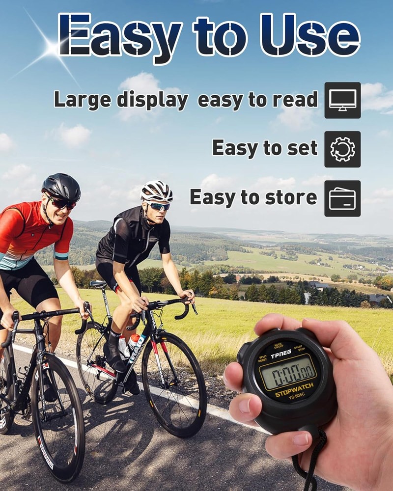Simple Stopwatch Timer - Easy to Use, Set Up, Read, and Carry - Large Black