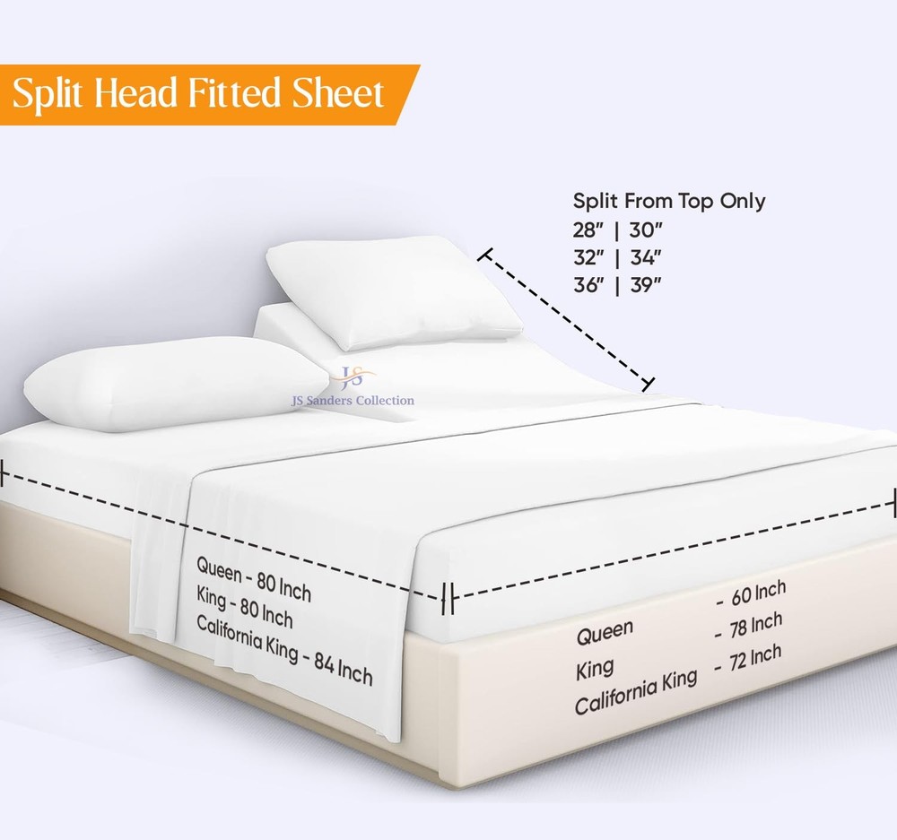 JS Sanders Top Split Head King Sheets Set - 4 Pcs, 100% Cotton Half Split Kin...