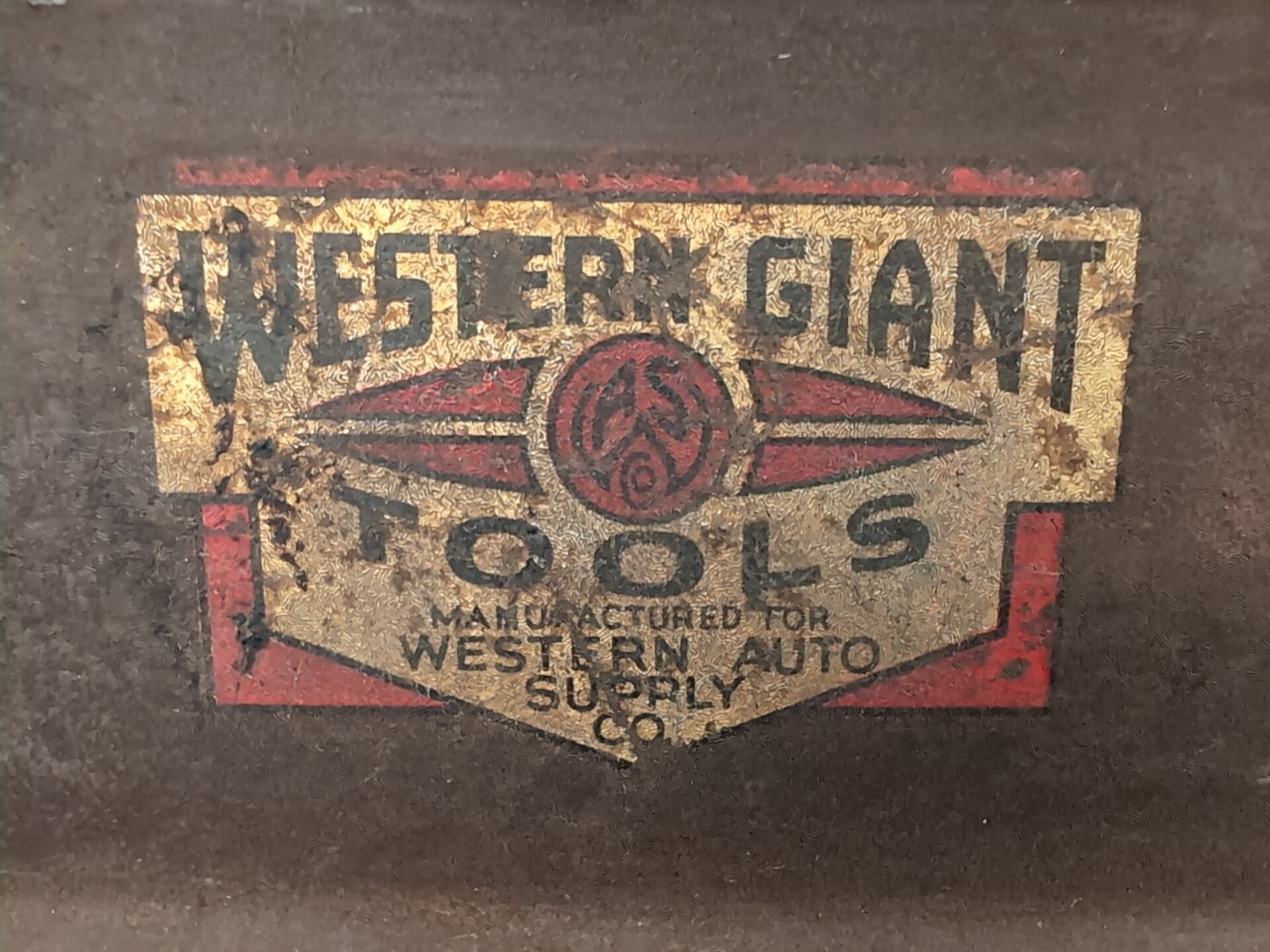 1930s Western Giant Tools Western Auto Supply Tool Box w/ Tray Leather Handle