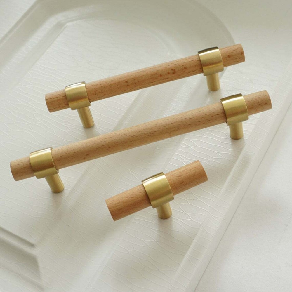 2.5" 3.75'' 4.5" 5''Beech Wood Handle Brass Cabinet Handle Pulls Wardrobe Pull