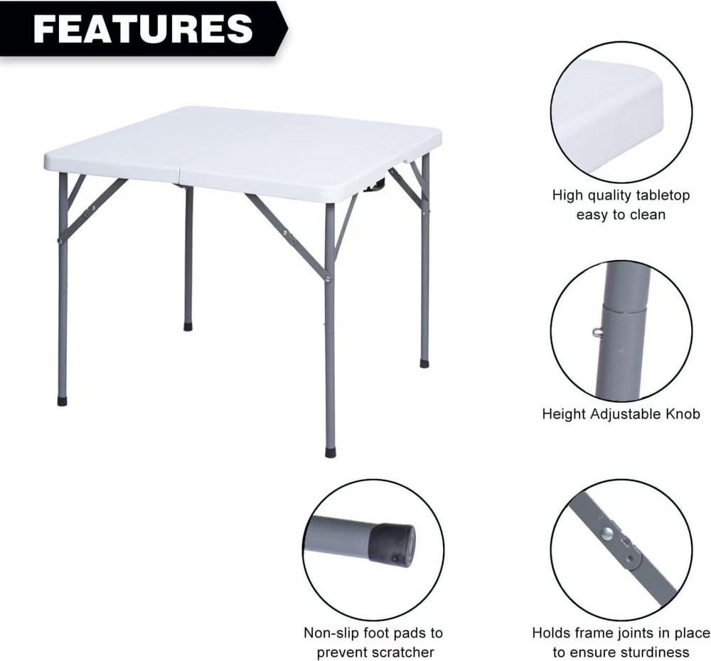 34" Square Folding Table with Resin Top, Plastic Folding Card Table with Coll...