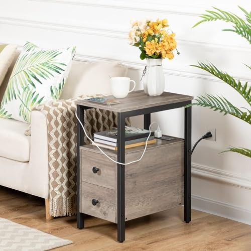 End Table with Charging Station, Narrow Side Table with 2 1 Greige + Black