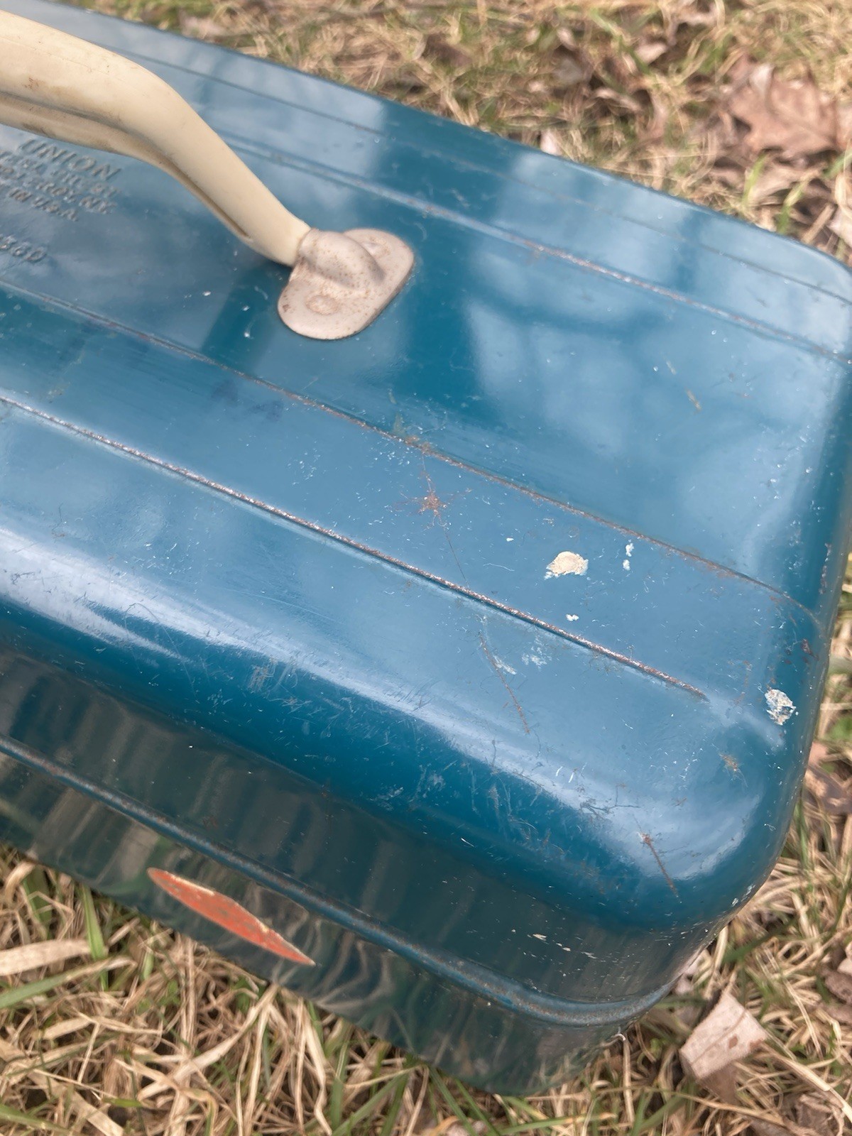 VTG 40’s-60’s Union Steel Chest 5314 Teal White Handle Empty toolbox/tacklebox