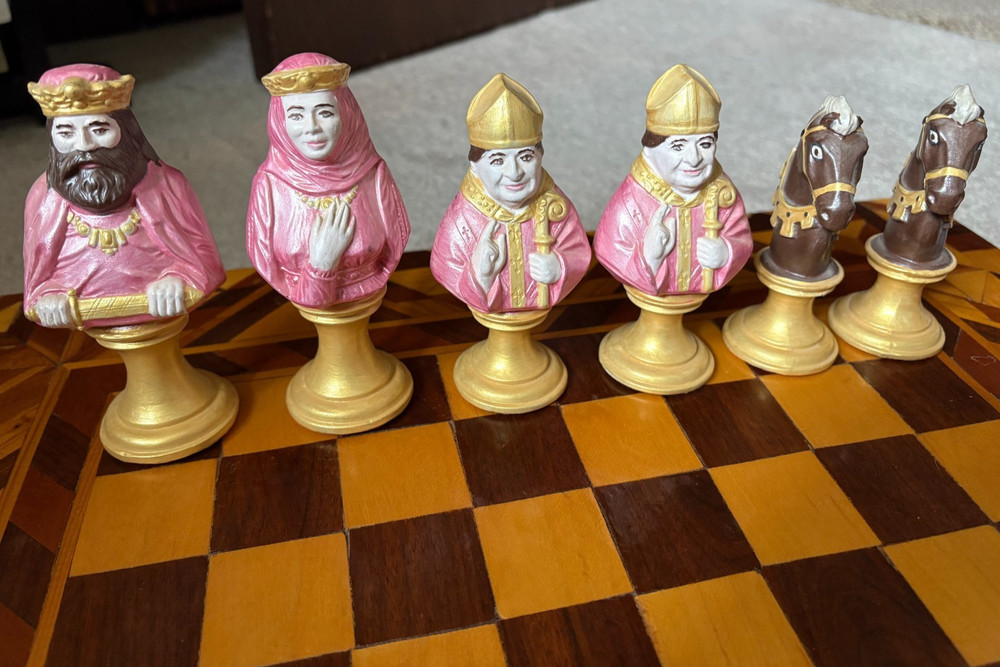 MCM Byron Mold Ceramic Hand Medieval Hand Painted Chess Set 1970s