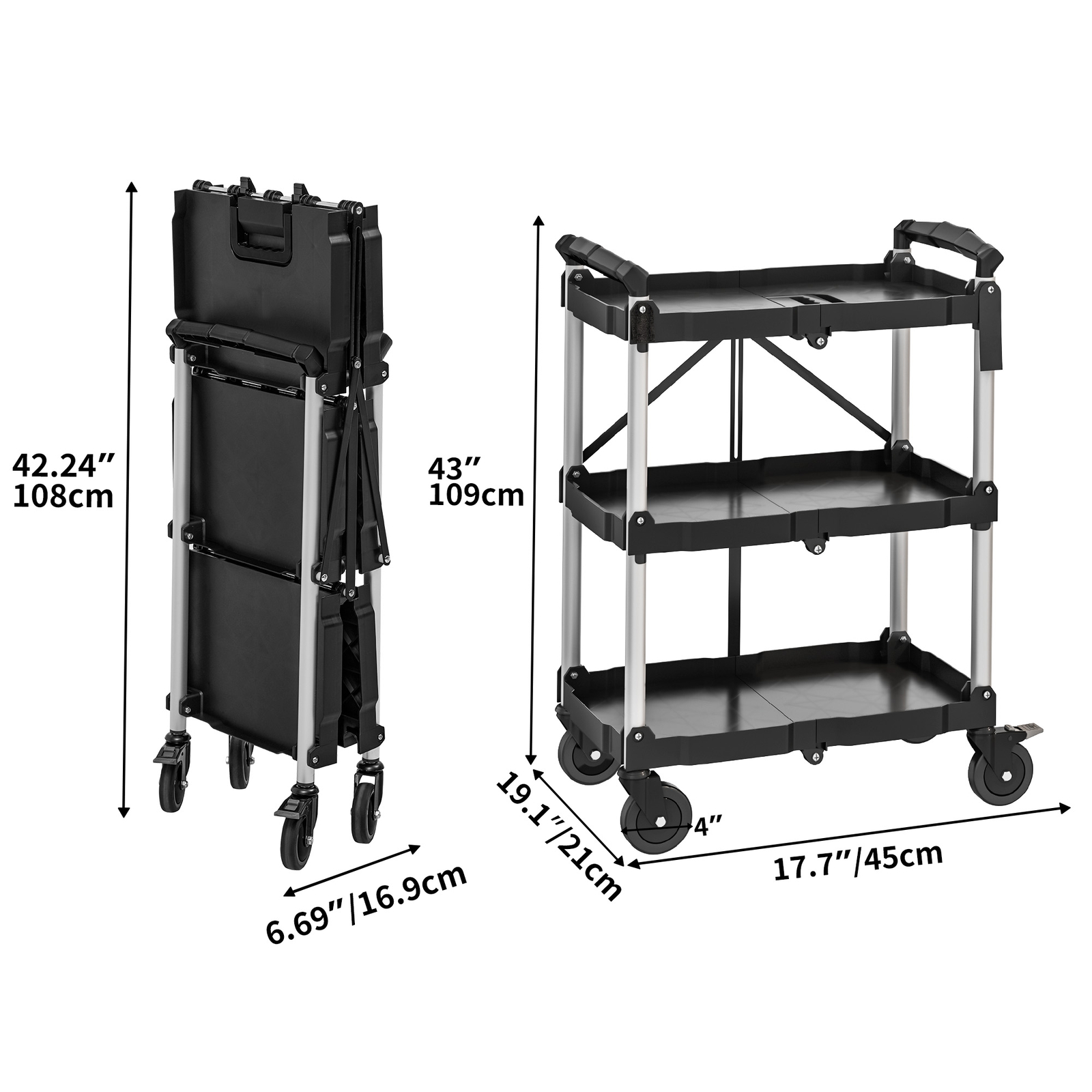 Foldable Utility Service Cart 3 Shelf 350LBS Portable Rolling Collapsible Cart