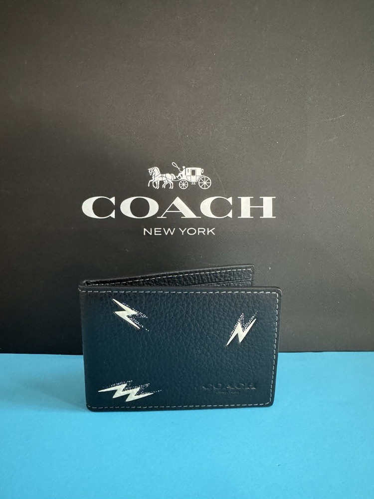 NWT Coach Compact Billfold With Lightning Bolt Print Leather Black Multi