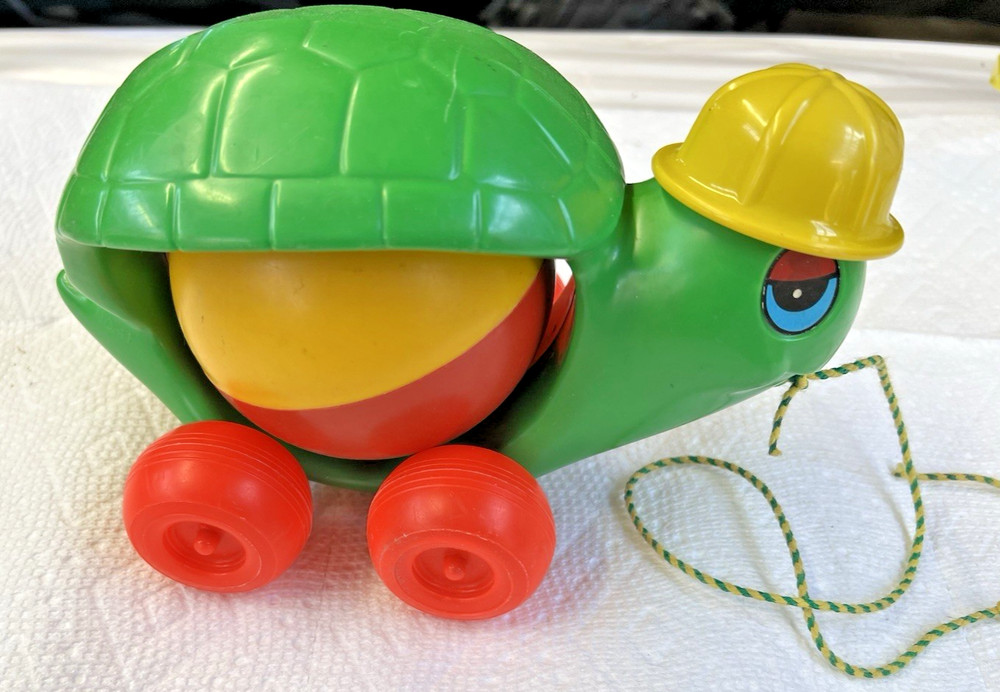 Kusan pull string toy vintage Turtle with a construction hat  No 41 hard plastic