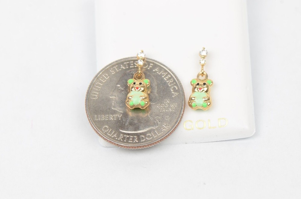 14K Solid Yellow Gold Teddy Bear Dangle Earring with Enamel