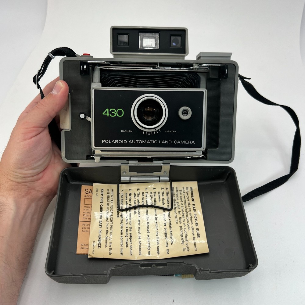 Vintage Polaroid 430 Automatic Land Camera with Strap & 490 Focus Flash Untested