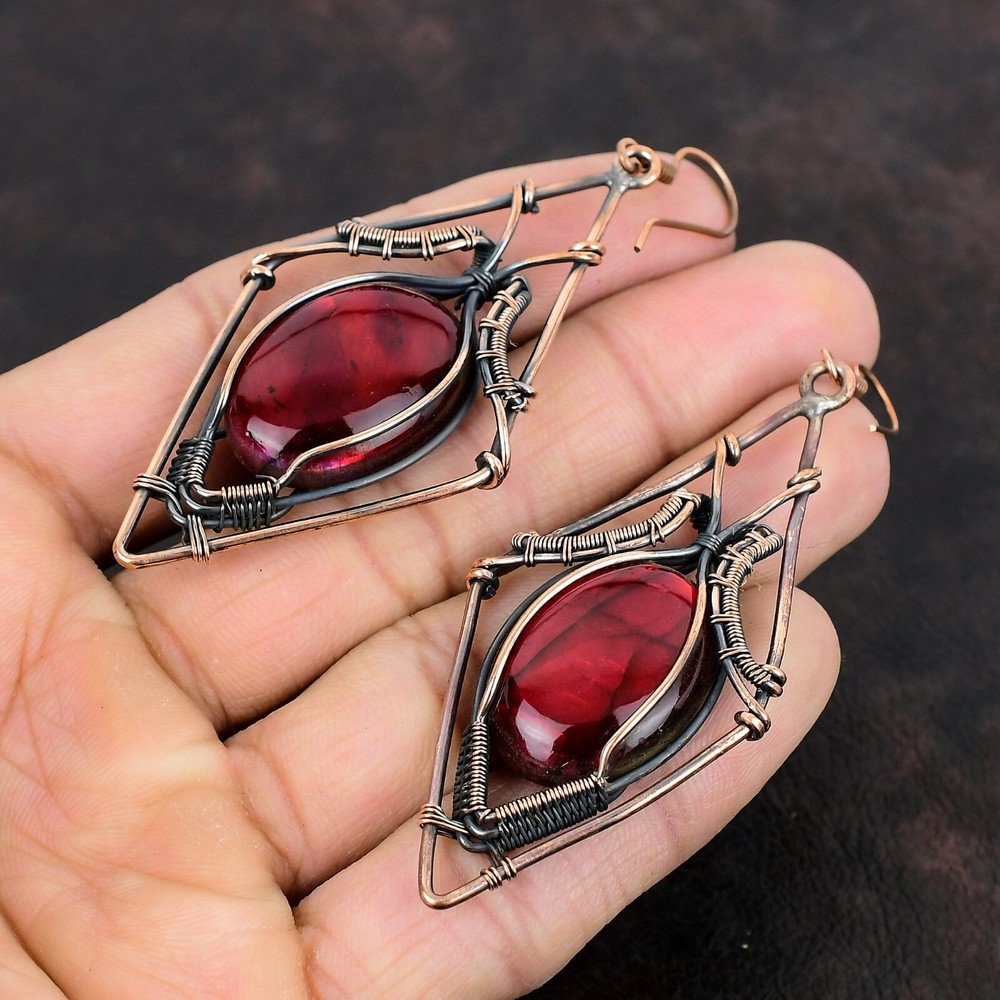 Red Fire Labradorite Copper Mum Gift Wire Wrapped Drop/Dangle Earrings 3.31"