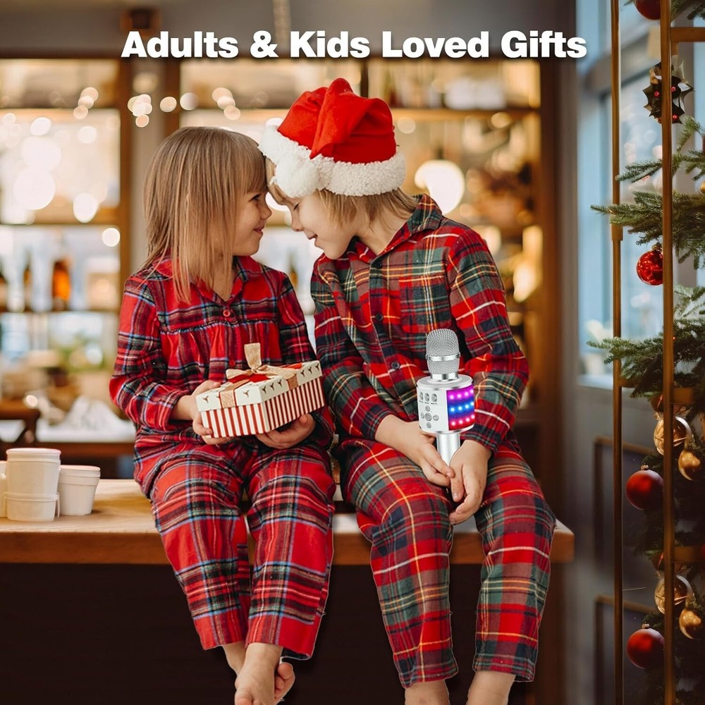 Compact Bluetooth Karaoke Microphone with Colorful LED Lights - Silver Edition