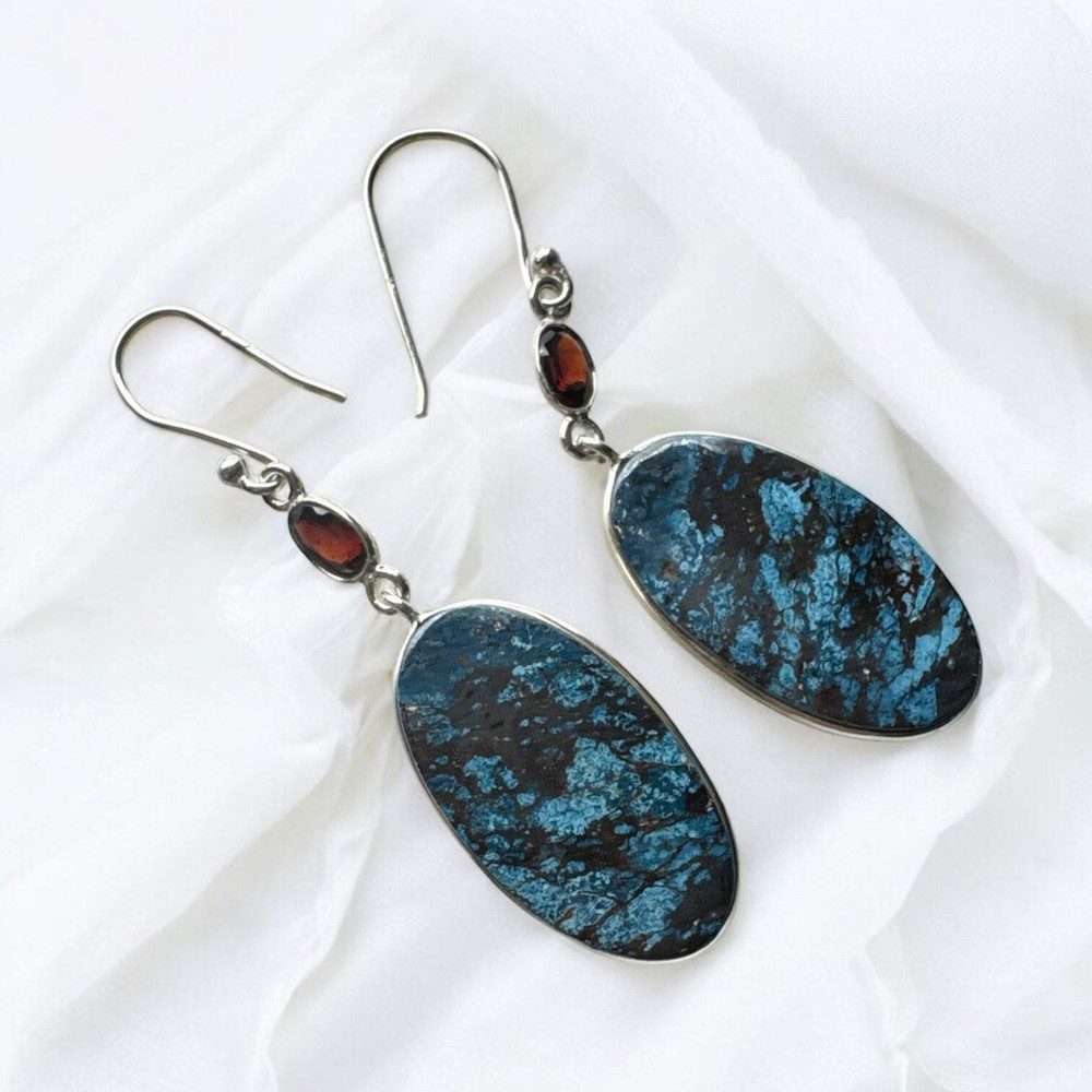 Shattuckite & Garnet Solid 925 Sterling Silver Earrings