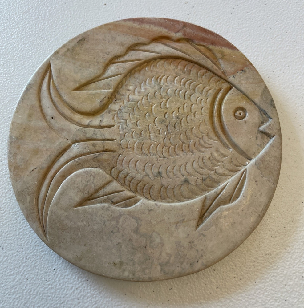 Stone Trivet Carved Round Etched Fish Footed 6.75”