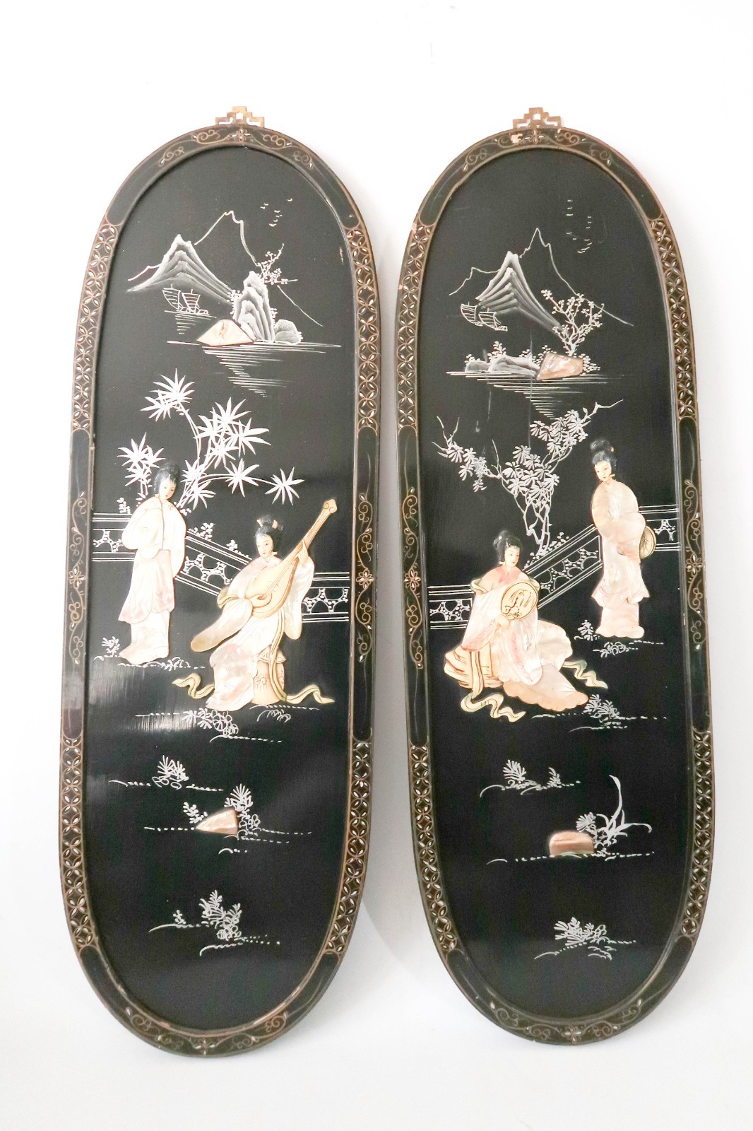 Set of 2 Asian Black Lacquer Mother of Pearl Wall Panels Art Geisha Women 36"