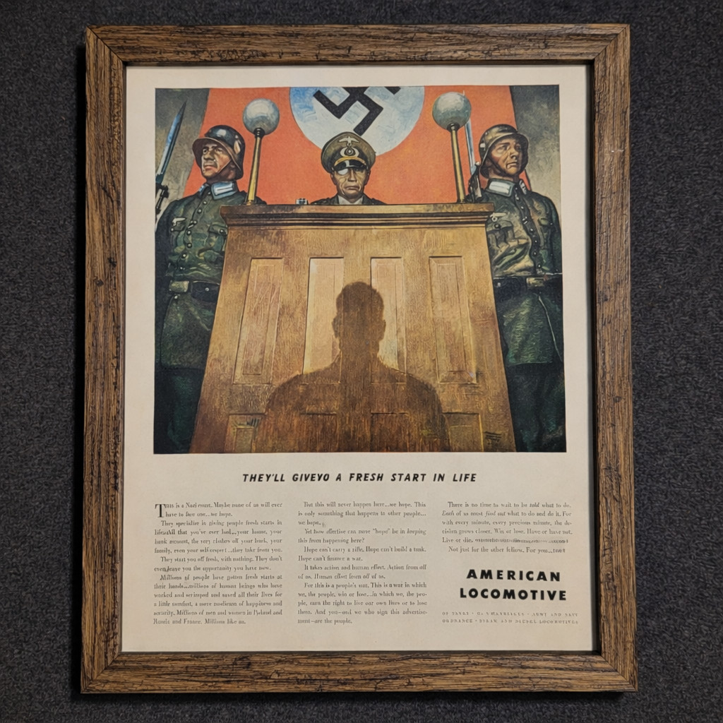 Framed 12"x15" - WWII Nazi Propaganda Ad American Locomotive 1940s