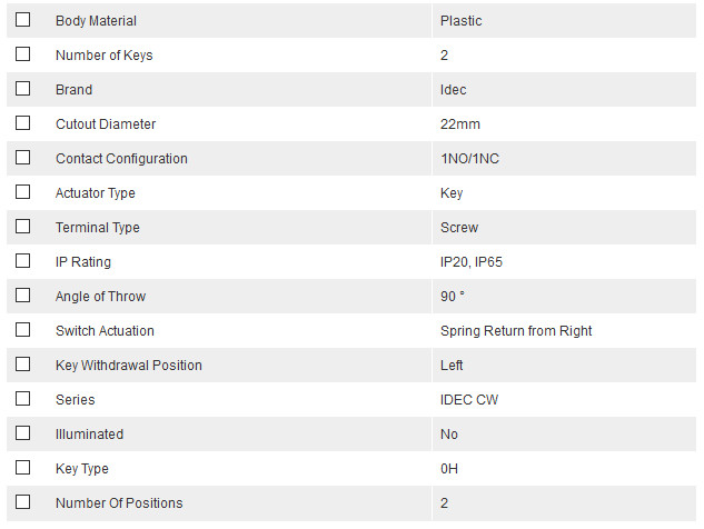 Idec IDEC CW 2 positions Plastic Screw Key Switch 2Spring Return - CW1K-2BE11