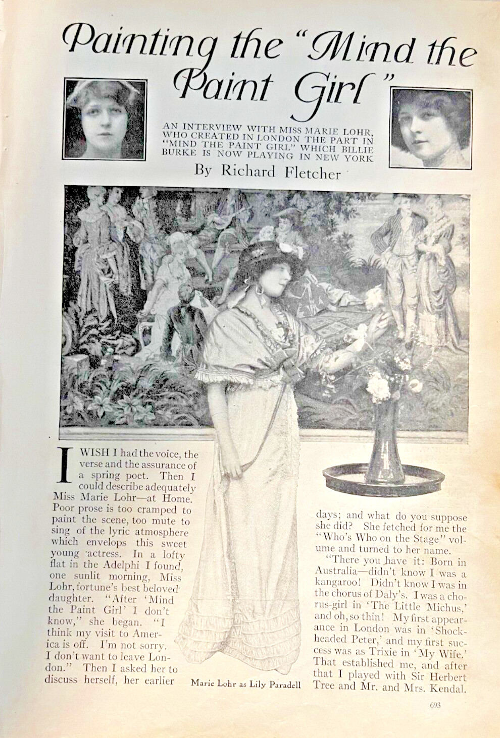 1912 Actress Marie Lohr Illustrated Vintage Collectible, Used