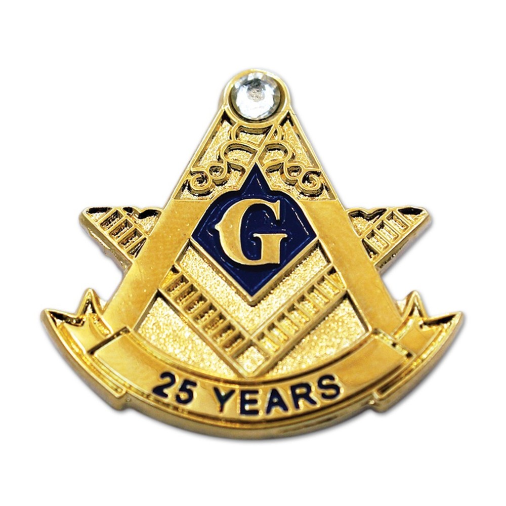 25 Years Square & Compass with Rhinestone Masonic Lapel Pin