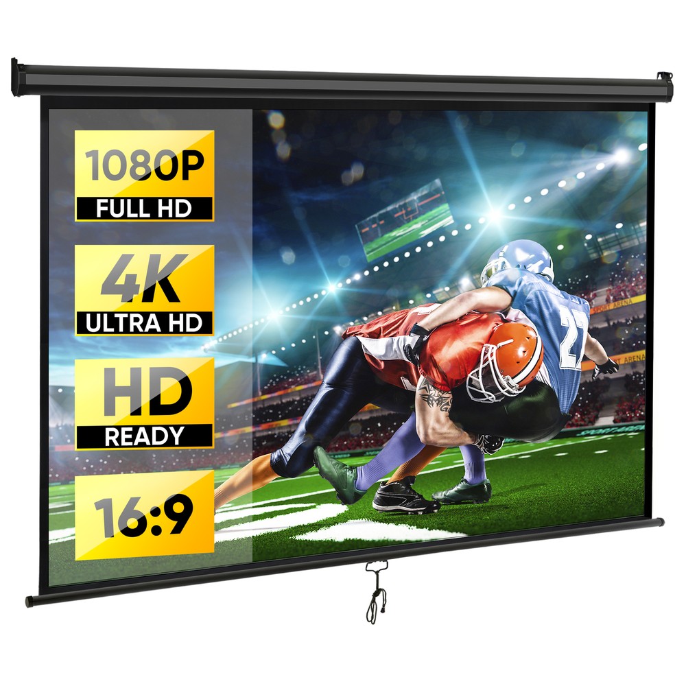 80" Diagonal Projection Projector Screen Manual Pull Down 16:9 HD 4K Movie Black