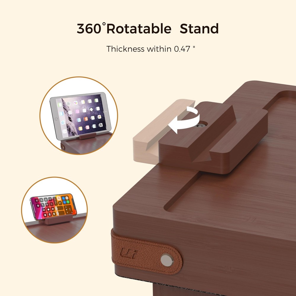 Brown Couch Armrest Table with Storage Box, Bamboo Sofa Arm Tray with 360° Ro...