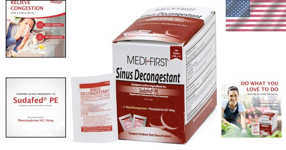 100 Pack Medi-First Sinus Pressure Relief - Non-Drowsy Phenylephrine Tablets