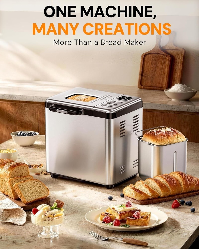 Bread Maker, 2LB Stainless Steel Bread Machine, 17-in-1 Automatic Settings, N...