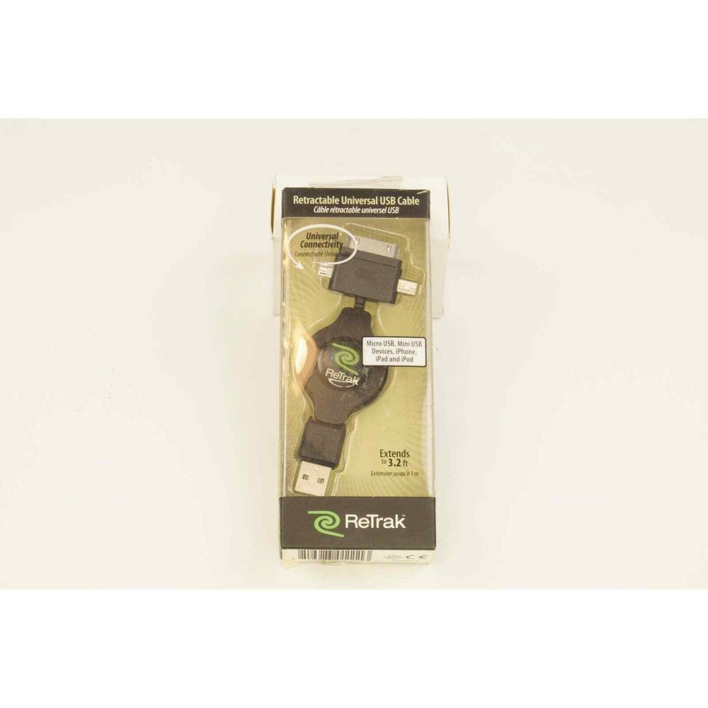 Retrak Retractable Universal USB Cable Micro USB, Mini USB and iPad 1 and 2